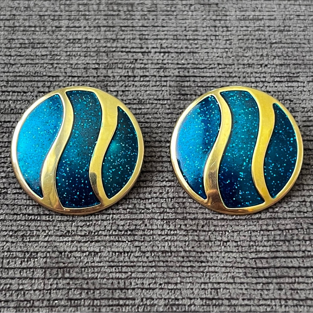 Vintage 80’s Gold Tone and Teal Glitter Earrings